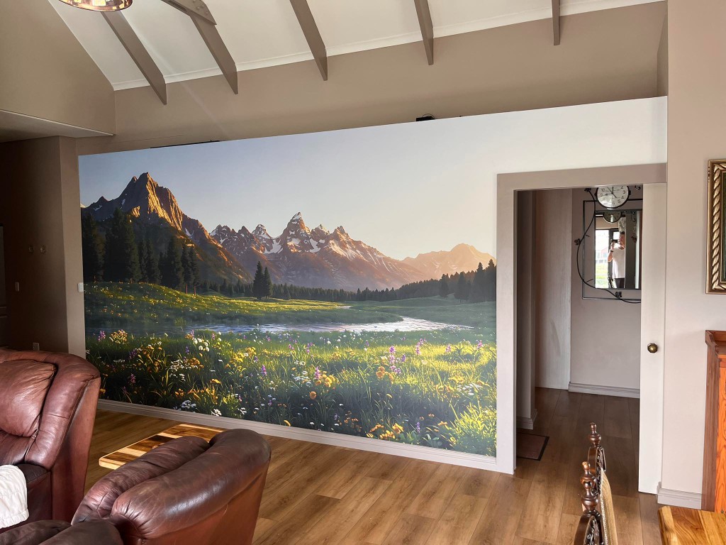 Finished residential room with a full-wall mountain mural